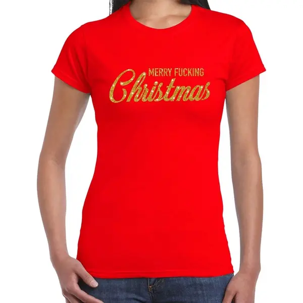 Bellatio Decorations Foute Kersttrui T-shirt - Voor Dames - Rood Met Gouden Glitters - Merry Fucking Christmas Xs thumbnail