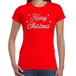 Bellatio Decorations Kerst T-shirt Voor Dames - Rood - Merry Christmas - Zilveren Glitters - Kerstkleding S