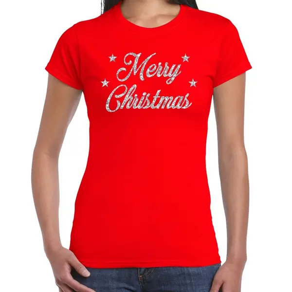 Bellatio Decorations Kerst T-shirt Voor Dames - Rood - Merry Christmas - Zilveren Glitters - Kerstkleding S thumbnail