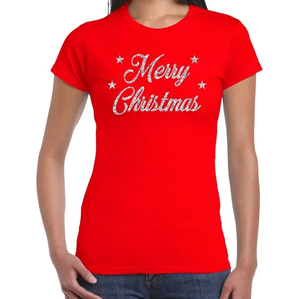 Bellatio Decorations Kerst T-shirt Voor Dames - Rood - Merry Christmas - Zilveren Glitters - Kerstkleding M thumbnail