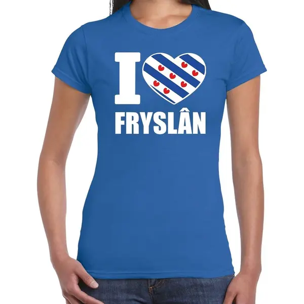 Bellatio Decorations I Love Fryslan T-shirt - Blauw - Voor Dames - Friesland Thema - Korte Mouwen - Kleding Provincie Vlag Print L thumbnail