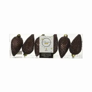 Decoris Kersthangers Dennenappels - 6x St - Donkerbruin - Glitter - 8 Cm - Kunststof - Kerstversiering