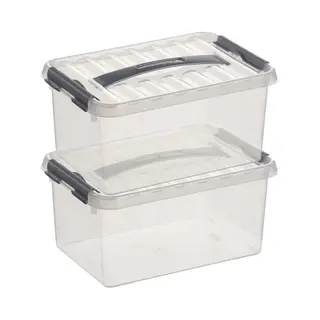 2x Sunware Q-line Opberg Box/opbergdoos - 6 Liter - 30 X 20 X 14 Cm - Kunststof - Opslagbox - Transparant/zilver