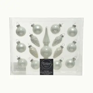 Decoris Winter Witte Glazen Kerstballen 3 Cm En Piek Set Voor Mini Kerstboom 15-dlg - Kerstversiering/kerstboomversiering Winter Wit