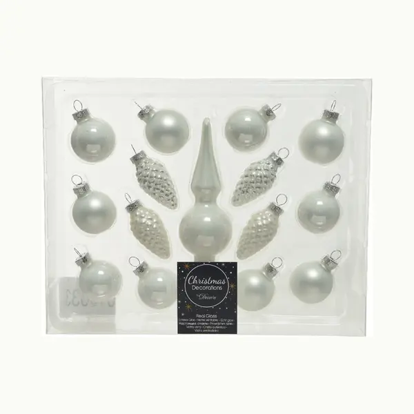 Decoris Winter Witte Glazen Kerstballen 3 Cm En Piek Set Voor Mini Kerstboom 15-dlg - Kerstversiering/kerstboomversiering Winter Wit thumbnail
