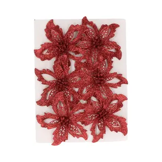 Cosy&Trendy Cosy & Trendy Kerstboom Bloemen Op Clip - 6x St - Rood -glitter - 8 Cm - Polyester - Roos