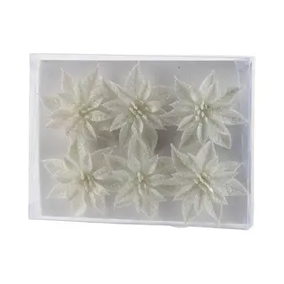 Cosy&Trendy Cosy & Trendy Bloemen Op Clip - 6x St - Wit - Glitter - 8 Cm - Kerstversiering - Kerstbloemen