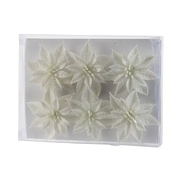 Cosy&Trendy Cosy & Trendy Bloemen Op Clip - 6x St - Wit - Glitter - 8 Cm - Kerstversiering - Kerstbloemen thumbnail