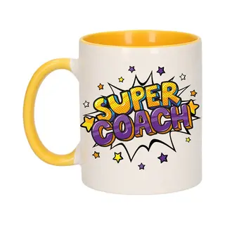 Bellatio Decorations Super Coach Cadeau Koffiemok / Theebeker Wit En Geel Met Sterren - 300 Ml - Keramiek - Cadeau / Bedankje Coach