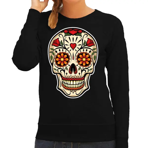 Bellatio Decorations Day Of The Dead Sugar Skull Sweater - Zwart - Dames - Rocker / Punker / Fashion Trui - Dia Los Muertos Outfit S thumbnail