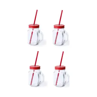Mason Jar Drinkbekers - 4x Stuks - Glas - Dop Rood Met Rietje - 500 Ml - Afsluitbaar - Fruit Shakes