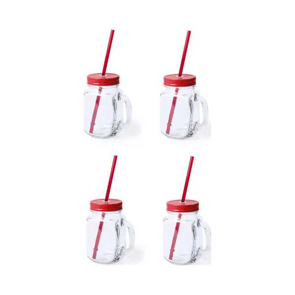 Mason Jar Drinkbekers - 4x Stuks - Glas - Dop Rood Met Rietje - 500 Ml - Afsluitbaar - Fruit Shakes thumbnail