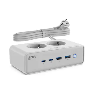 Voomy 6-in-1 Steckdosenleiste 20W Usb-C – 2-Fach mit 4 Usb – 4000W – Schalter & Überspannungsschutz – 2M Kabel – Weiß