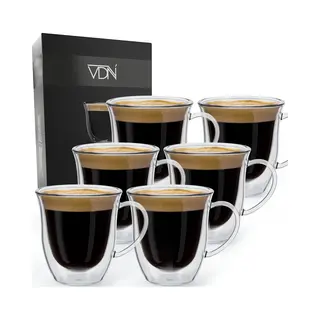 Vdn Dubbelwandige Theeglazen Koffieglazen Met Oor - Cappuccino Glazen - Warme En Koude Dranken Koffietassen Dubbelwandig - 250 Ml - Set Van 6