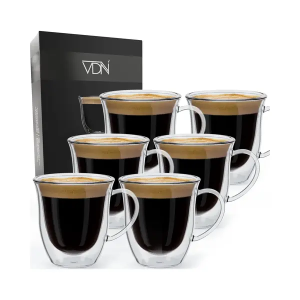 Vdn Dubbelwandige Theeglazen Koffieglazen Met Oor - Cappuccino Glazen - Warme En Koude Dranken Koffietassen Dubbelwandig - 250 Ml - Set Van 6 thumbnail