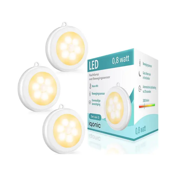 Iqonic Kastverlichting - Draadloze Led Lamp Met Bewegingssensor - Warm Wit (3 Stuks) thumbnail
