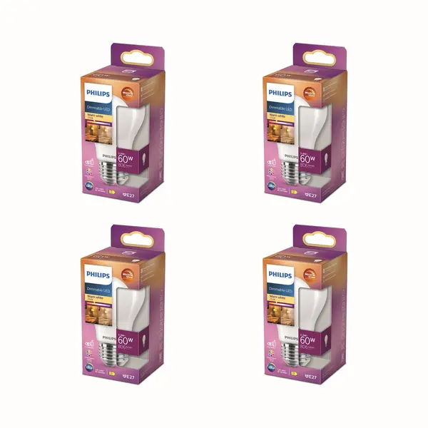 Philips Voordeelverpakking - E27 - WarmGlow - Led Standaardlamp - Mat - 60W - Dimbaar - Warmwit Licht - Set Van 4 Stuks thumbnail