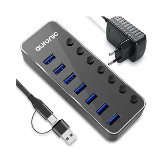 Auronic Usb C Hub - Usb Splitter Met Voeding - 7 Poorten - Usb 3.0 - Docking Station - Usb C Naar Usb A - 5 Gbps - Zwart