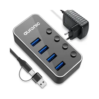 Auronic Usb C Hub - Usb Splitter Met Voeding - 4 Poorten - Usb 3.0 - Docking Station - Usb C Naar Usb A - 5 Gbps - Zwart