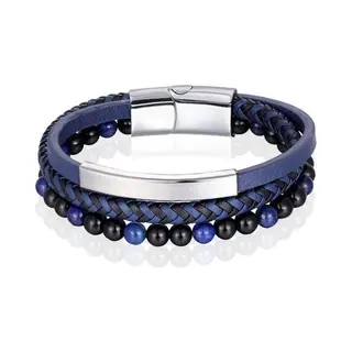 Heren Armband Memphis Tijgeroog Kraal Gevlochten Leer Zilverkleurig Blauw - 21cm