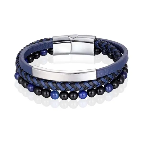 Heren Armband Memphis Tijgeroog Kraal Gevlochten Leer Zilverkleurig Blauw - 21cm thumbnail