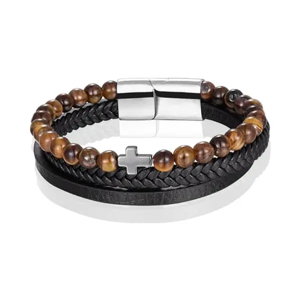 Heren Armband Memphis Tijgeroog Kraal Gevlochten Leer Kruis Zilverkleurig Bruin Zwart - 19cm thumbnail