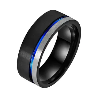 Mendes Wolfraam Heren Ring Groef Zwart Zilverkleurig Blauw-22mm