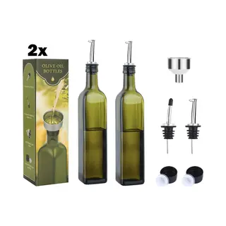 Spieringstore® 2x Oliefles Met Schenktuit - Olijfolie/Azijn – 2 X 500ml - Bbq Accesoires - Glas - Navulbaar - Inclusief Trechter En Doppen
