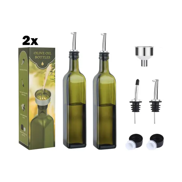 Spieringstore® 2x Oliefles Met Schenktuit - Olijfolie/Azijn – 2 X 500ml - Bbq Accesoires - Glas - Navulbaar - Inclusief Trechter En Doppen thumbnail