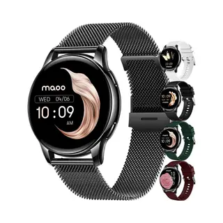 Maoo Ventura Amoled Smartwatch Damen - Edelstahl Und 3x Silikonband - Schrittzähler - Herzfrequenzmesser - Schlafüberwachung - Multisport - Geeignet