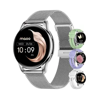 Maoo Ventura Amoled Smartwatch Damen - Edelstahl Und 3x Silikonband - Schrittzähler - Herzfrequenzmesser - Schlafüberwachung - Multisport - Geeignet