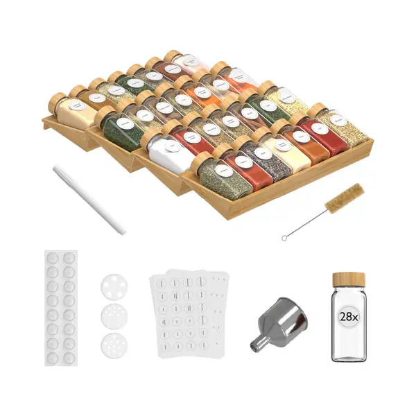 Noswo Kruidenrek Lade - Met 28 Potjes - Complete Set - Vierkant - Strooideksel En Labels - Kruiden Organizer - Keukenlade Organiser - Bamboe thumbnail