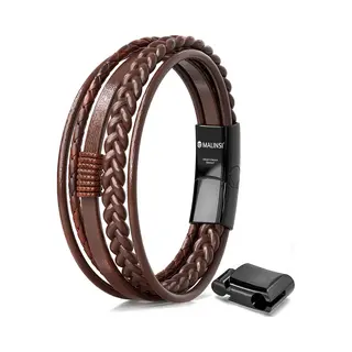 Malinsi® Armband Heren - Bruin Snoeren - Rvs En Leer - 20 Cm + 2 Cm Verlengstuk - Armbandje Mannen