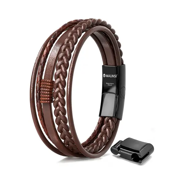 Malinsi® Armband Heren - Bruin Snoeren - Rvs En Leer - 20 Cm + 2 Cm Verlengstuk - Armbandje Mannen thumbnail