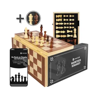 Sincer Magnetisch Schaakbord Met Staunton Schaakstukken – Schaakspel Hout Volwassenen - Schaakset - Opklapbaar - Chess - 2 Extra Koninginnen -
