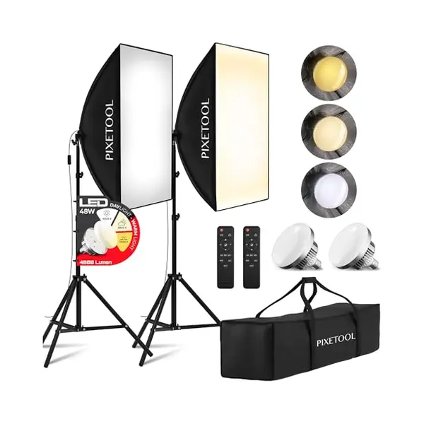Pixetool Fotostudio Set – 2 Softbox 50x70 Cm, 2 Led Lampen 4800 Lumen 3000-6000K Licht – Softboxen - Fotolicht Videolicht Fotolampe – Light thumbnail