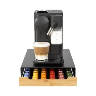LuckySense Capsulehouder Met Lade – Koffiecups Houder – Geschikt Voor Nespresso – 60 Cups - Rvs - Zwart Met Bamboe Hout