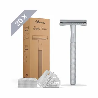 Bamboozy Safety Razor Rvs + 20 Scheermesjes Zilver Chrome Unisex Vrouwen Mannen Double Edge Zero Waste Scheren