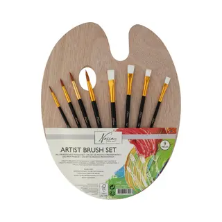 Nassau Fine Art Schilderspalet Hout + 8 Penselen | Mengpalet | Penselen Acrylverf | Mengpalet Hout Voor Volwassenen | Kwastenset