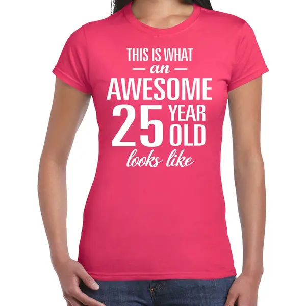 Bellatio Decorations Awesome 25 Year - Geweldige 25 Jaar Cadeau T-shirt Roze Dames - Verjaardag Cadeau Xs thumbnail