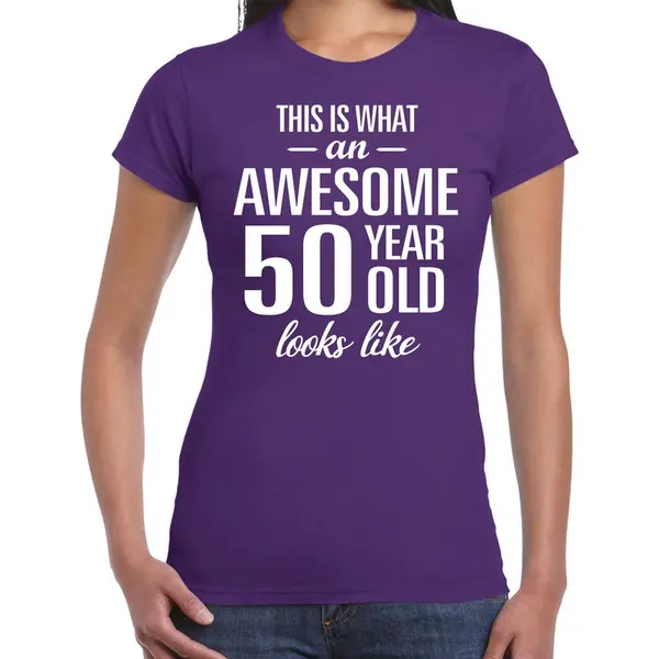 Bellatio Decorations Awesome 50 Year Cadeau T-shirt - Paars - Dames - Sarah / 50 Jaar Verjaardag Cadeau Xxl thumbnail