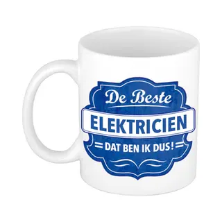 Bellatio Decorations De Beste Elektricien Cadeau Koffiemok / Theebeker Wit Met Blauw Embleem - 300 Ml - Keramiek - Cadeaumok Elektromonteur / Elektriciens