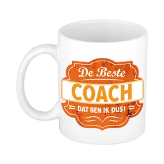 Bellatio Decorations De Beste Coach Dat Ben Ik - Cadeau Koffiemok - Drinkbeker - Wit Met Oranje Embleem - 300 Ml - Voor Trainer - Begeleider