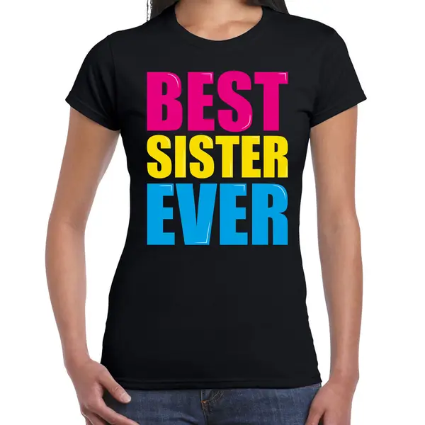 Bellatio Decorations Best Sister Ever / Beste Zus Ooit Fun T-shirt Met Gekleurde Letters - Zwart - Dames - Fun / Verjaardag Cadeau / Kado T-shirt S thumbnail