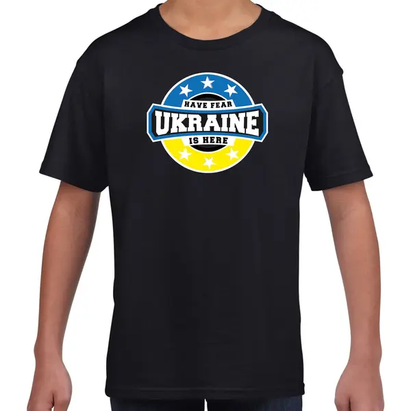 Bellatio Decorations Have Fear Ukraine Is Here T-shirt Met Sterren Embleem In De Kleuren Van De Oekraiense Vlag - Zwart - Kids - Oekraine Supporter / Oekraiens Elftal Fan thumbnail