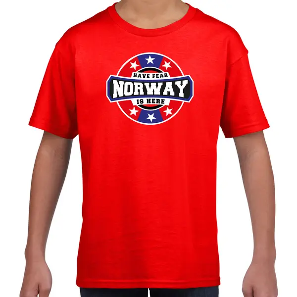Bellatio Decorations Have Fear Norway Is Here T-shirt Met Sterren Embleem In De Kleuren Van De Noorse Vlag - Rood - Kids - Noorwegen Supporter / Noors Elftal Fan Shirt / thumbnail