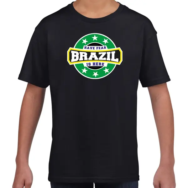 Bellatio Decorations Have Fear Brazil Is Here T-shirt Met Sterren Embleem In De Kleuren Van De Braziliaanse Vlag - Zwart - Kids - Brazilie Supporter / Braziliaans Elftal thumbnail