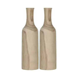 Mica Decorations Vaas - 2x - Flesvormig - Paulownia Hout - Bruin - 14 X 47 Cm - Woondecoratie