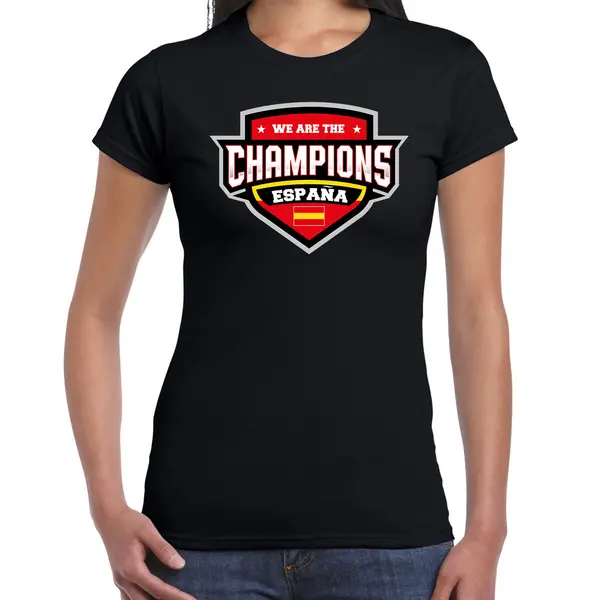 Bellatio Decorations We Are The Champions Espana T-shirt Met Schild Embleem In De Kleuren Van De Spaanse Vlag - Zwart - Dames - Spanje Supporter / Spaans Elftal Fan Shirt thumbnail