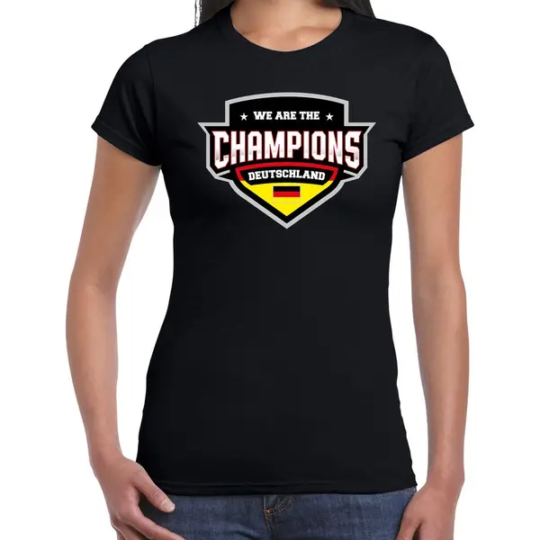 Bellatio Decorations We Are The Champions Deutschland T-shirt Met Schild Embleem In De Kleuren Van De Duitse Vlag - Zwart - Dames - Duitsland Supporter / Duits Elftal Fan thumbnail